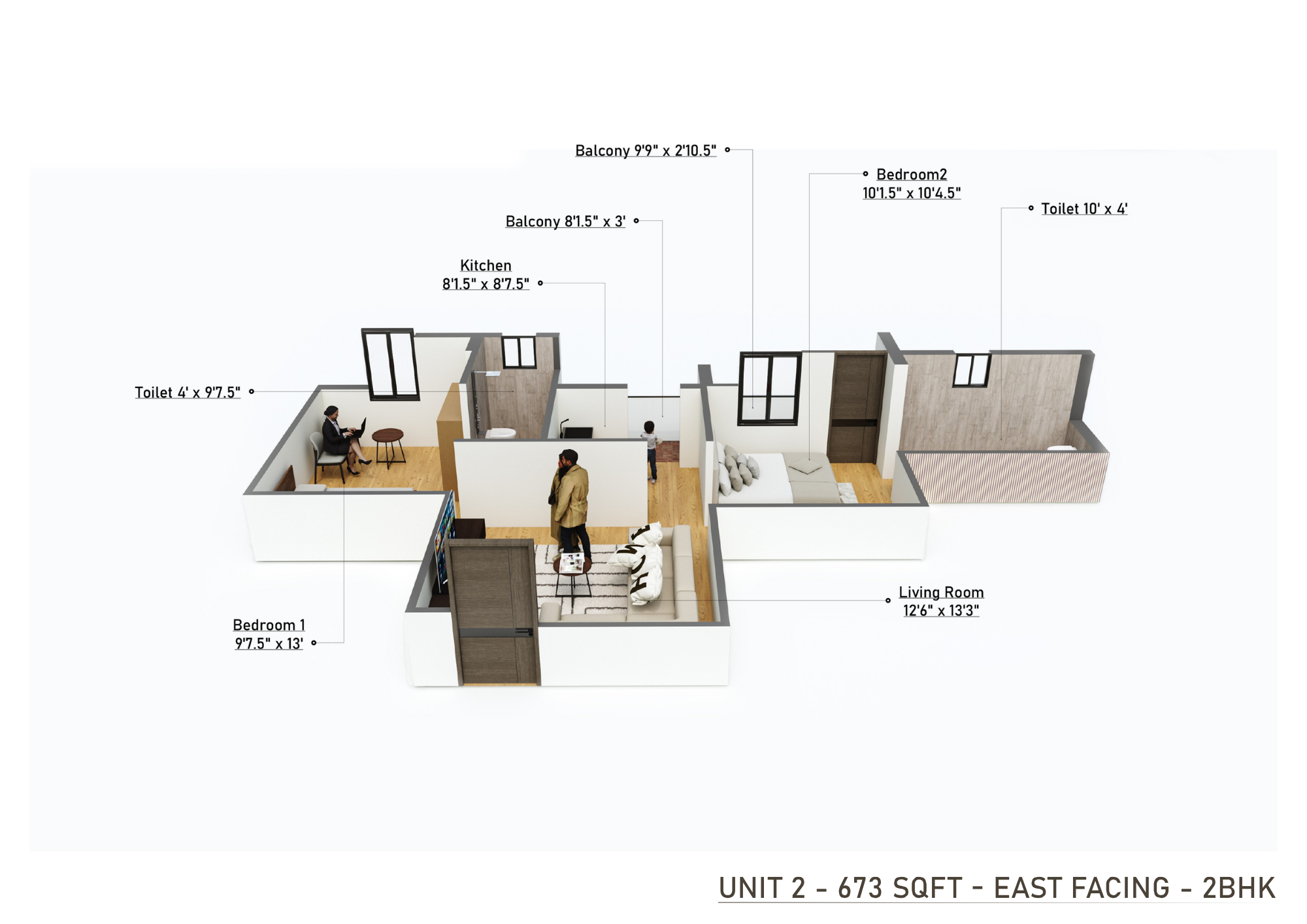 Unit 2 - 673 SQFT 2BHK Floor Plan