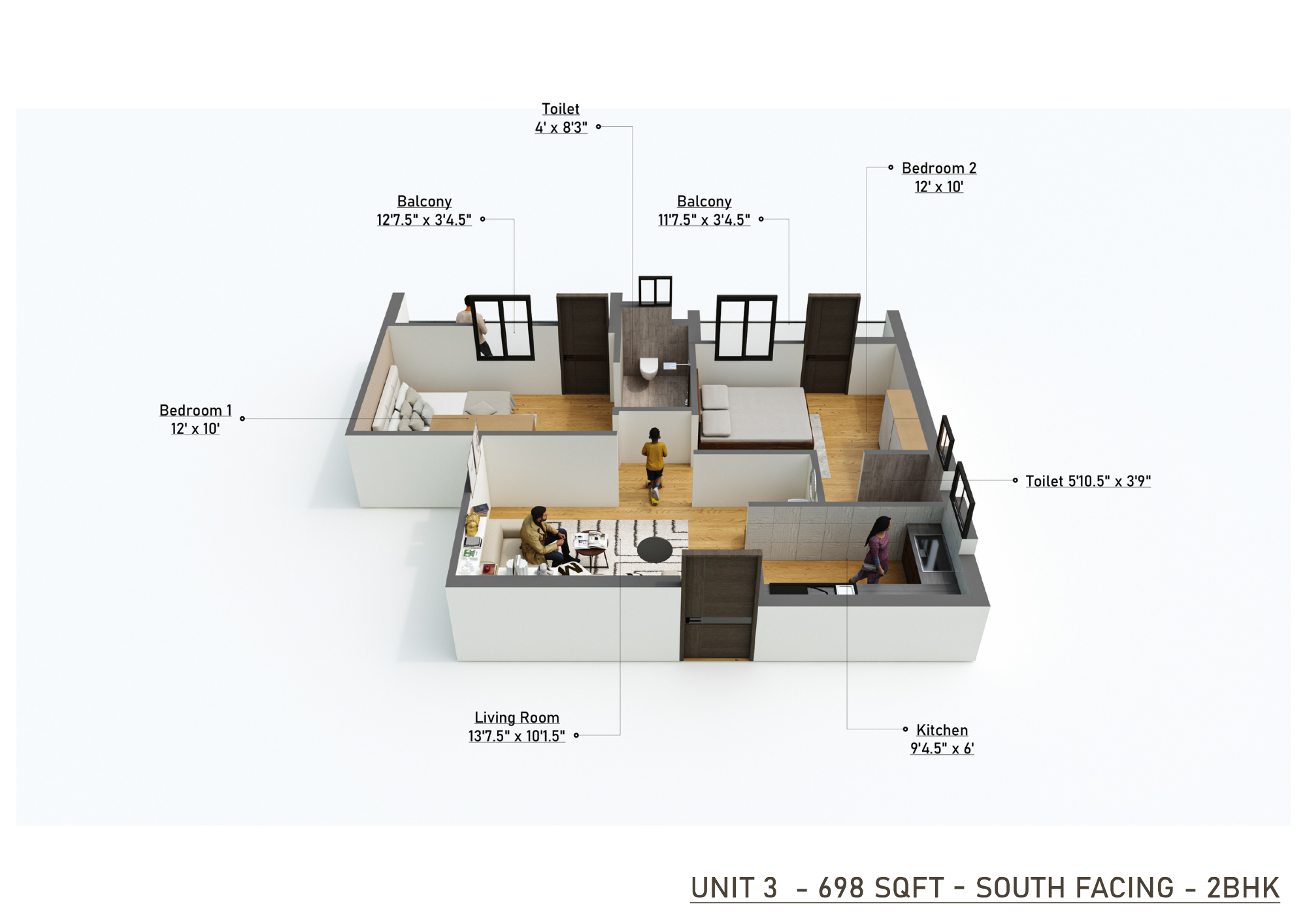 Unit 3 - 698 SQFT 2BHK Floor Plan