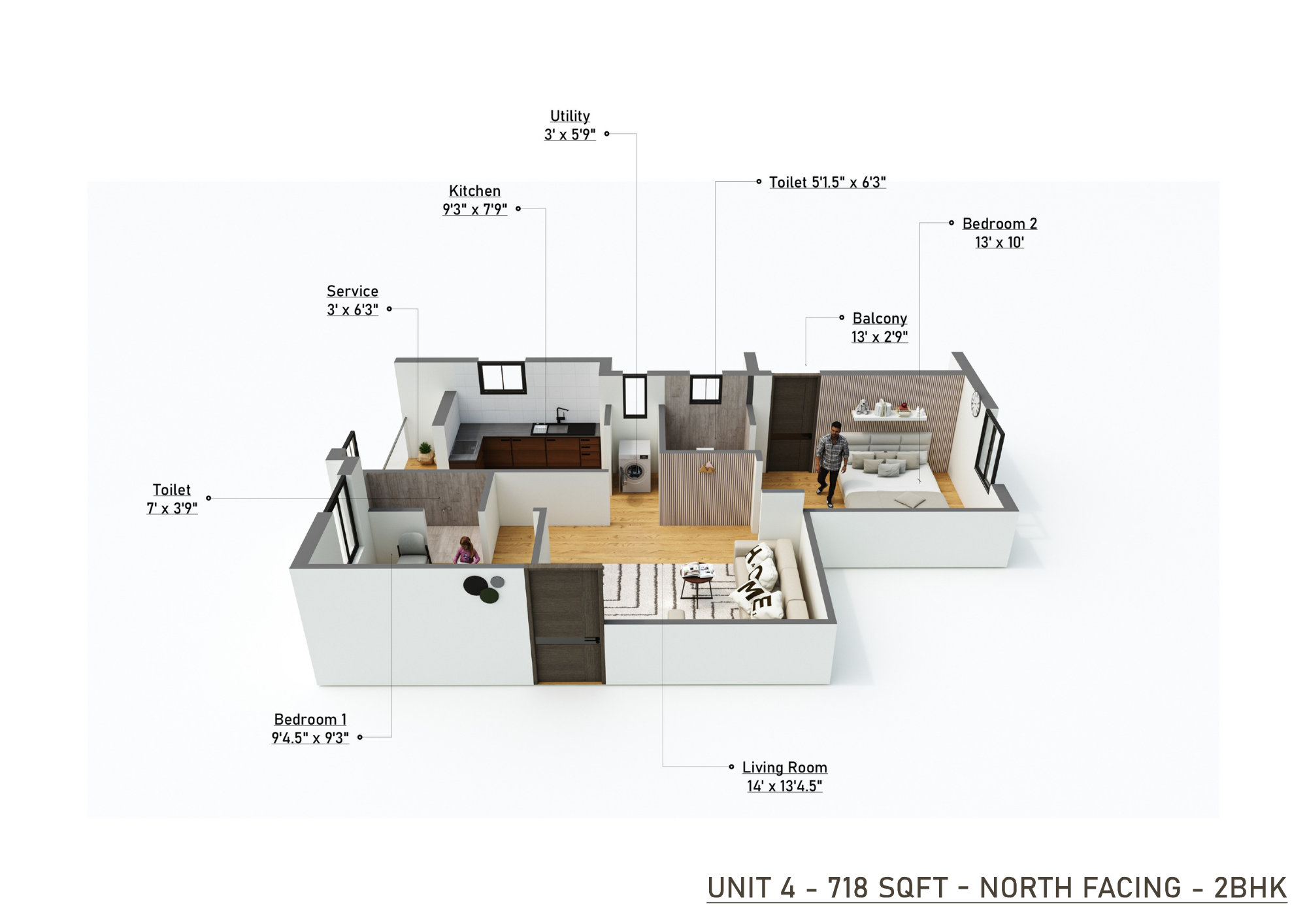 Unit 4 - 718 SQFT 2BHK Floor Plan