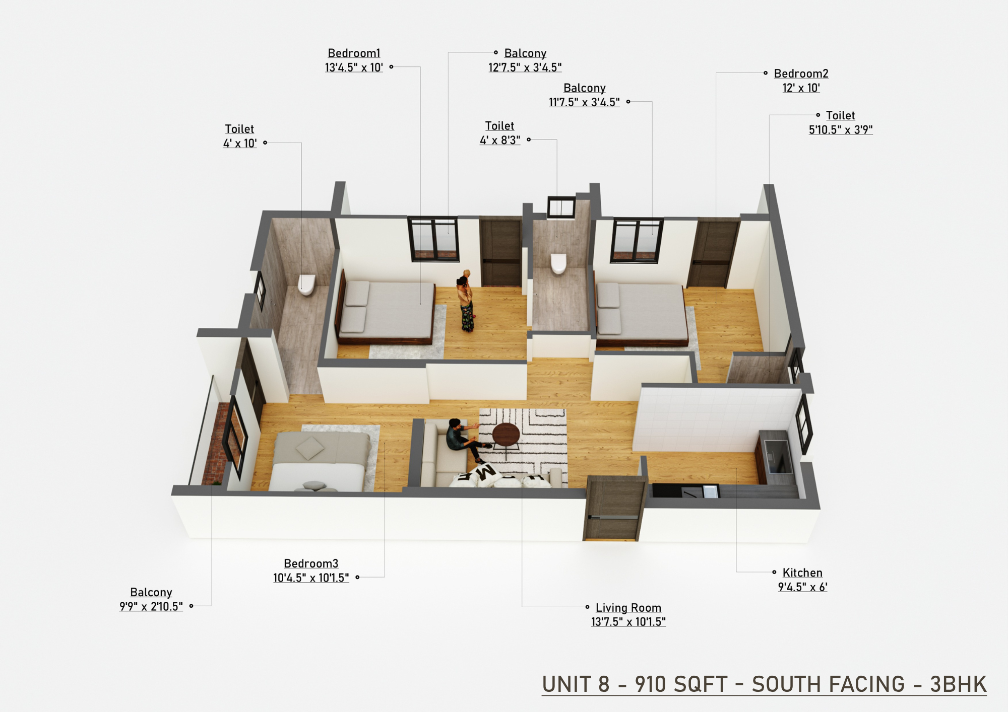 Unit 8 - 910 SQFT 3BHK Floor Plan